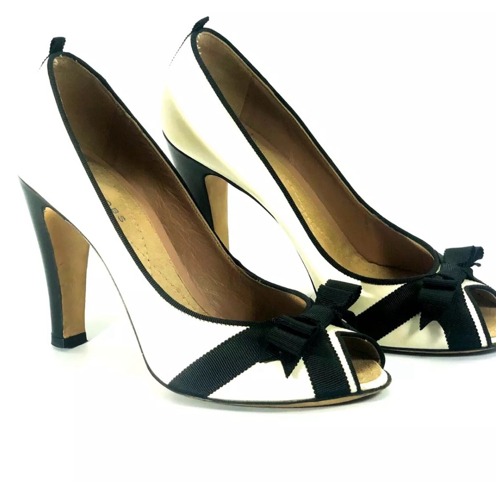 Peep Toe Shoes Marc Jacobs Black & White Stiletto High Heel Bows Size 38.5